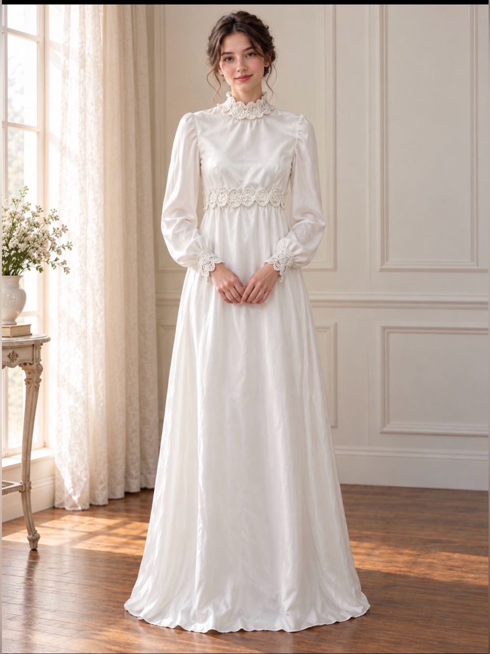 Vintage Bridal Originals high neck lace trimmed wedding gown